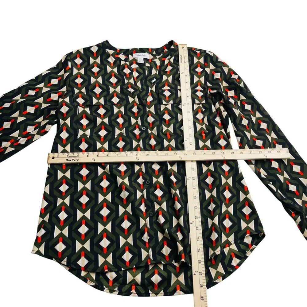 Calvin Klein Womens Long-Sleeve Geometric Pattern Button-Down Blouse‎ L